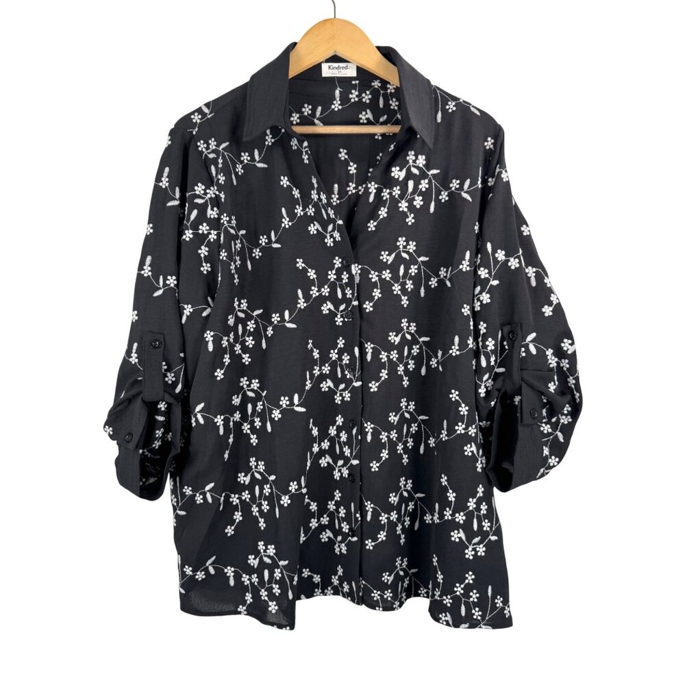 Kindred roll tab sleeve relaxed floral‎ blouse sz 3X black cream boho